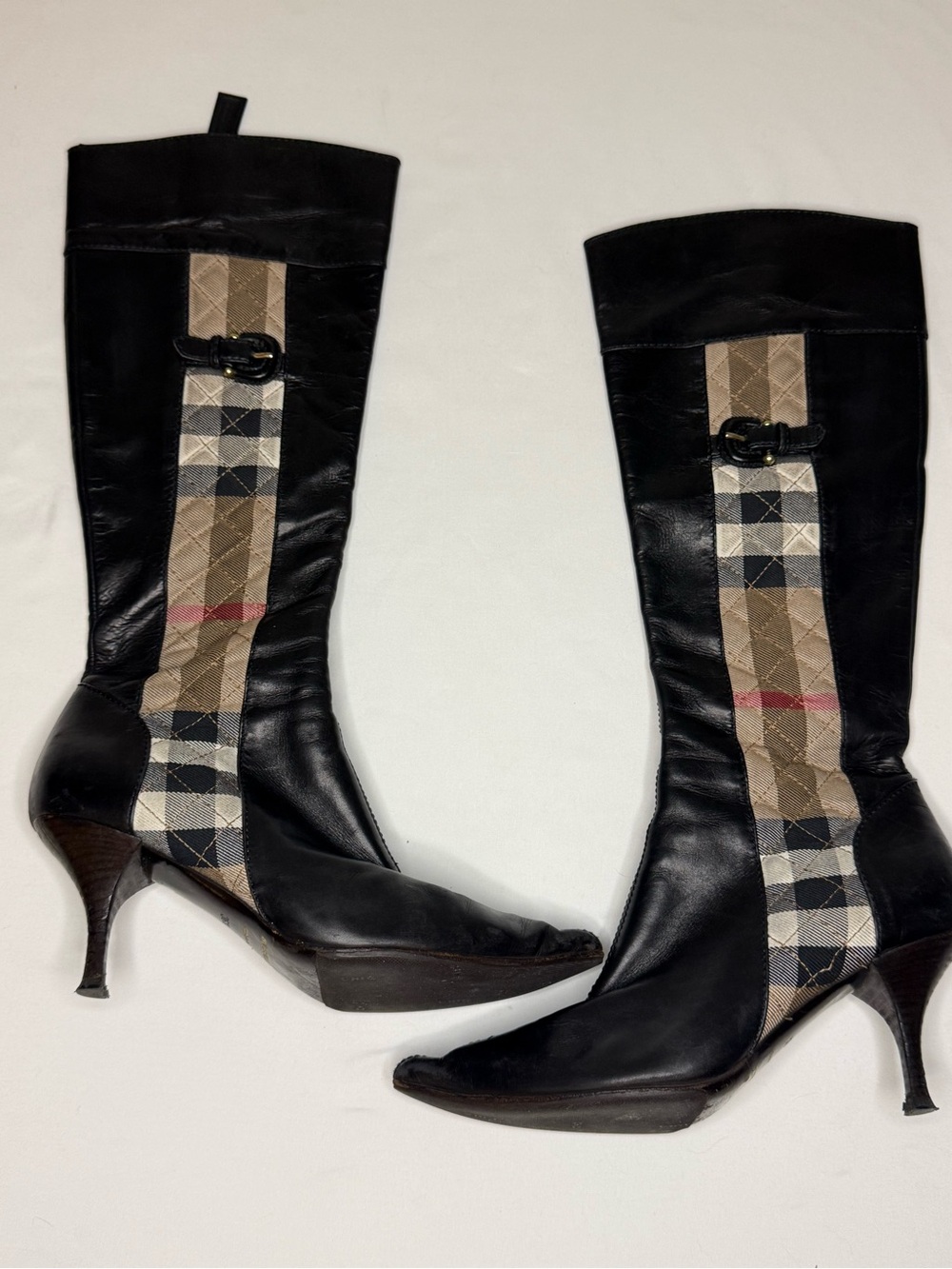 Burberry Black Leather Knee Boots with Signature Check Panel
